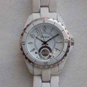 Very Large Unisex White Silver Watch by Geneva